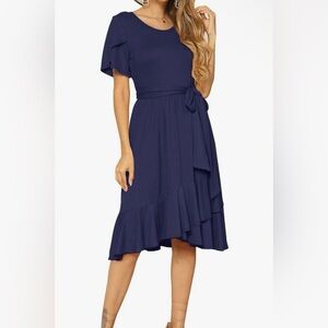 levaca Women's Plain Casual Flowy Short Sleeve Midi Dress with Belt Navy Blue S